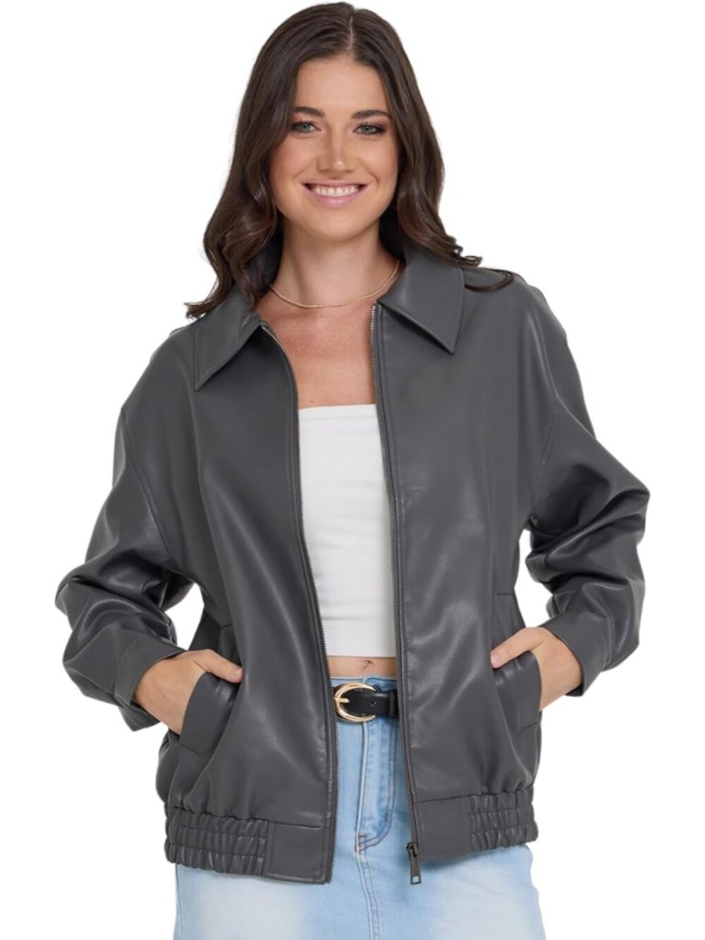 Steve Madden Women's Grey Long Sleeve Faux Leather SOLID Bomber Jackets